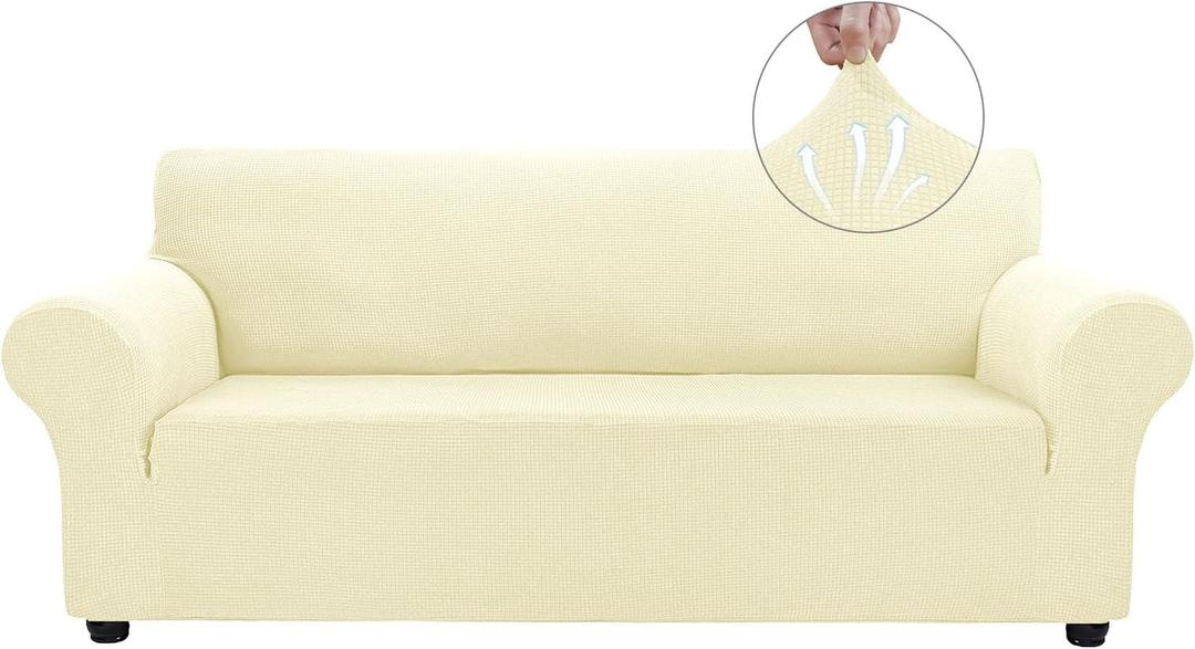 Asnomy Couch Covers for 3 Cushion Couch Stretch Sofa Covers Slipcovers, Pet Protector Furniture Covers for Dogs Cats Spandex Jacquard Fabric Small Checks LargeOff-White