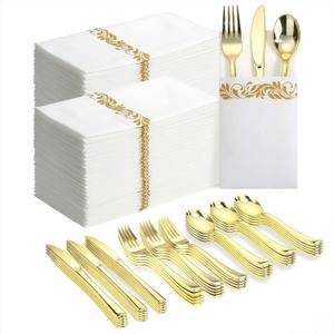Goodluck 400 PCS Gold Plastic Silverware with Pocket Napkins for 100 Guests, Heavy Duty Disposable Cutlery Set & Linen Feel Napkins, Plastic Flatware with Guest Towels for Wedding, Party and Catering
