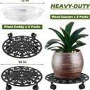2 Pack Plant Caddy with Wheels, PlanterHoma 14 Inch Metal Plant Stand with Wheels Heavy Duty Wrought Iron Planter Dolly Rolling Stand Plant Roller with Casters for Indoor and Outdoor with 2 Pack Saucers