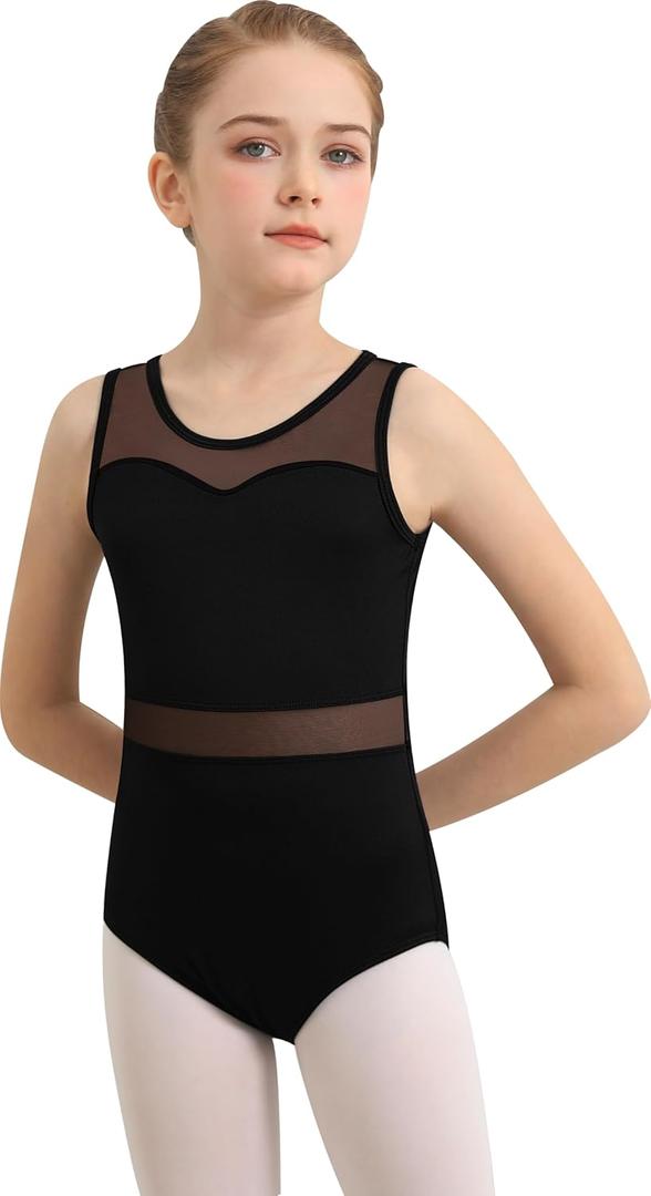 Girls Dance Leotard For Ballet Mesh Tank Dancewear,Mesh Splicing,Water Drop Hollow Back,Full Front Lining (10-12 Years, Black)