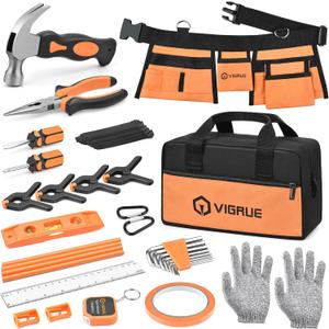 VIGRUE   , Children Gift Present Real Hand Tools Kit with Belt and Bag, Boy Builder Small Learning Accessories Construction Hammer Screwdriver for Home DIY Woodworking