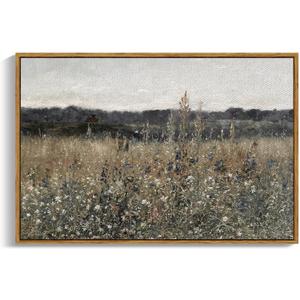 InSimSea Framed Canvas Wall Art Vintage Decor, Landscape Wall Art, Meadow with Flowers Art, Modern Farmhouse Decor, Cottagecore Bedroom Bathroom Office Decorations, 24"x36" (Champ Fleuri)