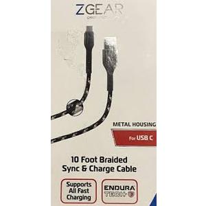 Z GEAR 10 Foot Braided Synk & Chardge Cable. Metal Housing For USB C to USB C