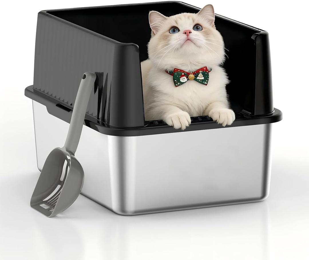 11.8" High Sided Cat Litter Box, Open-Top, Low Entry for Kittens & Small Cats, Stainless Steel Litter Pan Easy to Clean, Anti-Leak, Compact Space-Saving Size(17.3" L x 13.4" W  11.8" H)