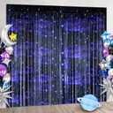 2 Pcs Galaxy Foil Curtains Backdrop for Space Themed Party Decorations, Iridescent Tinsel Curtains Blue Streamers for Space Astronaut, Music Birthday Party Decorations