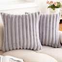 Double-Sided Faux Fur Plush Throw Pillow Covers 18x18 Set of 2 Fuzzy Striped Soft Cozy Pillowcase Luxury Decorative Pillows Square Shaggy Cushion Covers for Couch Sofa Bed,Light Grey
