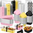 LemonRoad 120 Sets Mini Loaf Pan with Lids and Spoons 6.8oz Rectangular Aluminum Foil Bread Pan 5oz Square Cake Cup with Decal Disposable Baking Supply for Graduate Wedding Birthday (Pink,Gold,Black)