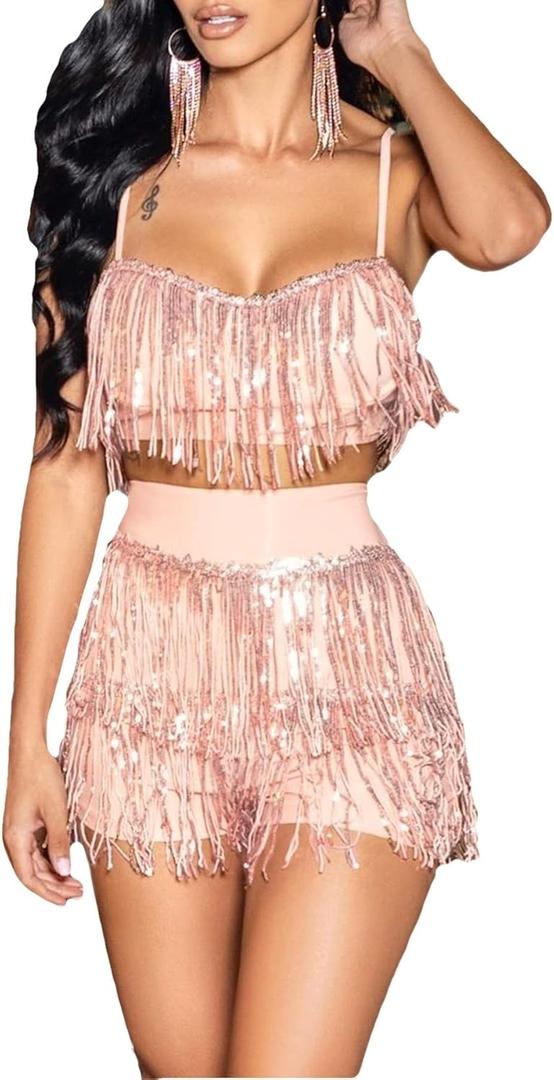 Tbahhir Women's Fringe Sequin 2 Piece Outfit Set Sexy Flowy Tassel Crop Top Shiny Mini Shorts Pants Clubwear (Large, Gold)