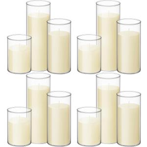 12 Pillar Candles W Vases,3.4''x 4.7'', 7'', 9.8'',Ivory White