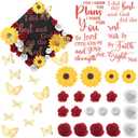 Suncalla 36 Pcs Red DIY Graduation Cap Decorations Kit, 20 Roses Sunflower Flower Heads 4 Inspirational Quote Glitter Stickers 12 3D Butterfly for Grad Cap Topper DIY Art Gift