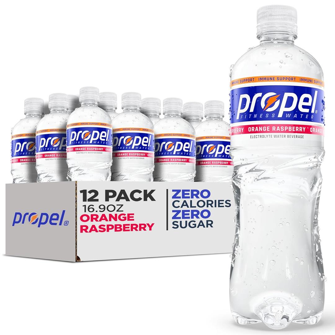 Propel Immune Support Electrolyte Enhanced Water Sports Drink, Orange Raspberry Flavored Water, 100% DV Vitamin C + Zinc, Zero Calorie & Zero Sugar Hydration with Electrolytes and Vitamins, 16.9 fl oz Water Bottles (12 Pack) (EXP 01/08/27)