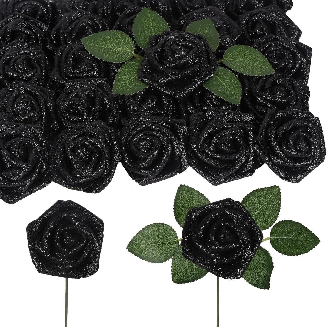 Black Glitter Roses,50PCS Fake Roses 2.76" Foam Flowers Artificial Roses Artificial Flowers for Wedding Christmas DIY Wreath Home Table Floral Arrangement(Black)