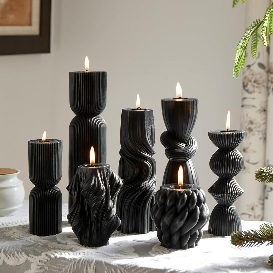 7-Pack Pillar Candles - Soy Wax Handmade Ribbed Candles for Home Decor, Housewarming Gift, Shelf & Table Decor - Aesthetic Modern Candles Set (Black)