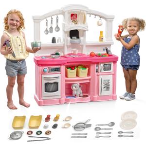 Step2 Fun with Friends Kids Kitchen Playset, Indoor/Outdoor Kitchenette, Interactive Play with Lights and Sounds, Durable Plastic, Includes 25 Piece Toy Accessories, Toddlers 2+ Years Old, Pink