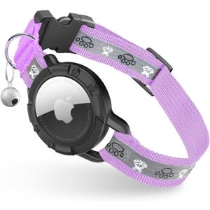 Reflective AirTag Cat Collar, Integrated Cat Tracker Collar with Air Tag Holder and Bell, Safety Elastic Band Cat GPS Collars for Girl Boy Cats, Kittens and Puppies (Lilac,S) 