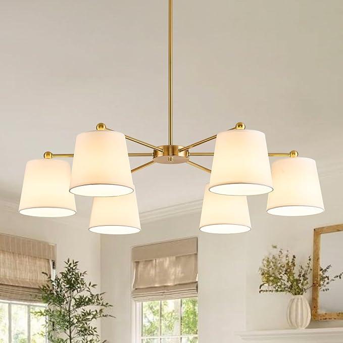 Lumifly 34” Farmhouse Chandelier, Brass Gold Chandelier with White Fabric Shades, Large 6Light Modern Pendant Light Fixture for Dining Room, Rustic Ceiling Hanging Light for Entryway Living Room