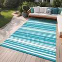 GarveeHome Outdoor Rug Mat for Patio, 9x12 Plastic Straw Rug, Modern Striped Outdoor Camping Rugs for Patio, RV, Porch, Deck, Backyard, Balcony, Camping, Trailer (Blue)