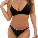 HXN Womens Two Piece Bikini Sets 2025 Neon Color Block Sexy Tummy Control Swimsuit Triangle Bathing Suit for Beach Vacation (Black, XL)