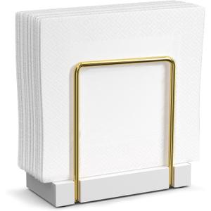 Napkin Holder for Table, Bamboo Iron Standing Napkin Dispenser for Dining Table Farmhouse Cocktail Picnic Rustic Wood Holders All Kitchen Dining Room Decor Gold & White (5.78*2.51*5.04 inch)