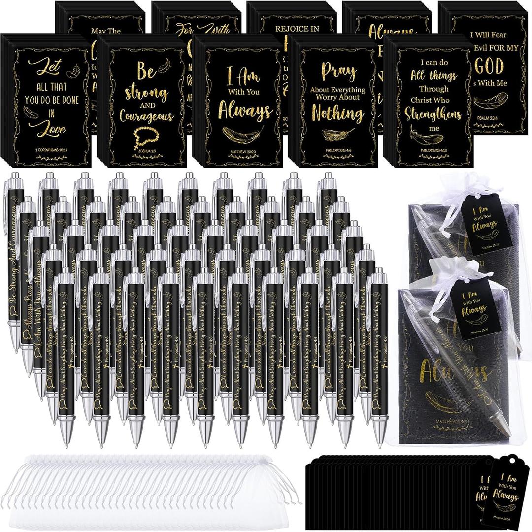 200 Pcs Christian Gifts Bulk Sets Bible Verse Religious Ballpoint Pen and Notebook Gift Set with Thanks Tags Organza Bag Gift Bulk for Women Church Christian Party Favors(Black,Fresh)