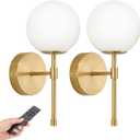 Battery Operated Wall Sconces Set of 2, Glass Globe Wireless Lights with Remote & Touch Control, Rechargeable Brushed Gold Sconce, 3 Color Dimmable Ambient Lighting for Bedroom Living Room, Straight Arm