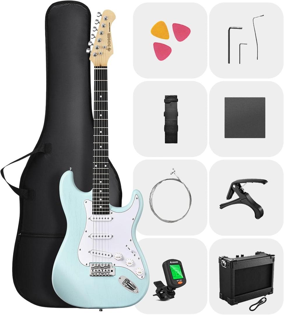 DONNER DST-80 Electric Guitar 39 Beginner Electric Guitar Kit with Amp, Classic SSS Pickup Complete with Gig Bag, Tuner, Capo, Strap, Picks, and Free Online Lessons (Surf Green)