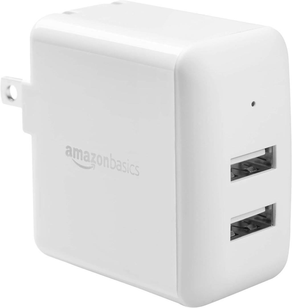 Amazon Basics 24W Dual Port USB-A Wall Charger, Fast Portable (12W, 2.4A Per Port), Multiple Device Compatible for Phones (iPhone 16/15/14/13/12/11/X, Samsung, and More), Non-PPS, White