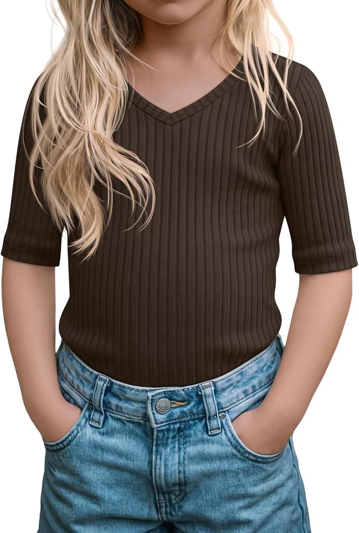Toddler Girls Short Sleeve Shirt Cotton Ribbed Slim Fit V Neck Elbow Length Casual Soft Basic Top Kids Summer Tee (Brown)