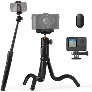 K&F CONCEPT Extendable Phone Tripod, Flexible Tripod with Remote, 3 in 1 Selfie Stick with Action Camera Adapter Flexible Legs Compatible with iPhone Samsung Canon Nikon Sony Cameras Action Camera.