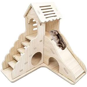 Sirvarni Hamster Hideout Cage Accessories - Hamster House and Habitat Wooden Hide Hut with Climbing Ladder and Slide for Dwarf Gerbils and Mouse Mice Rat Other Small Animals etc.