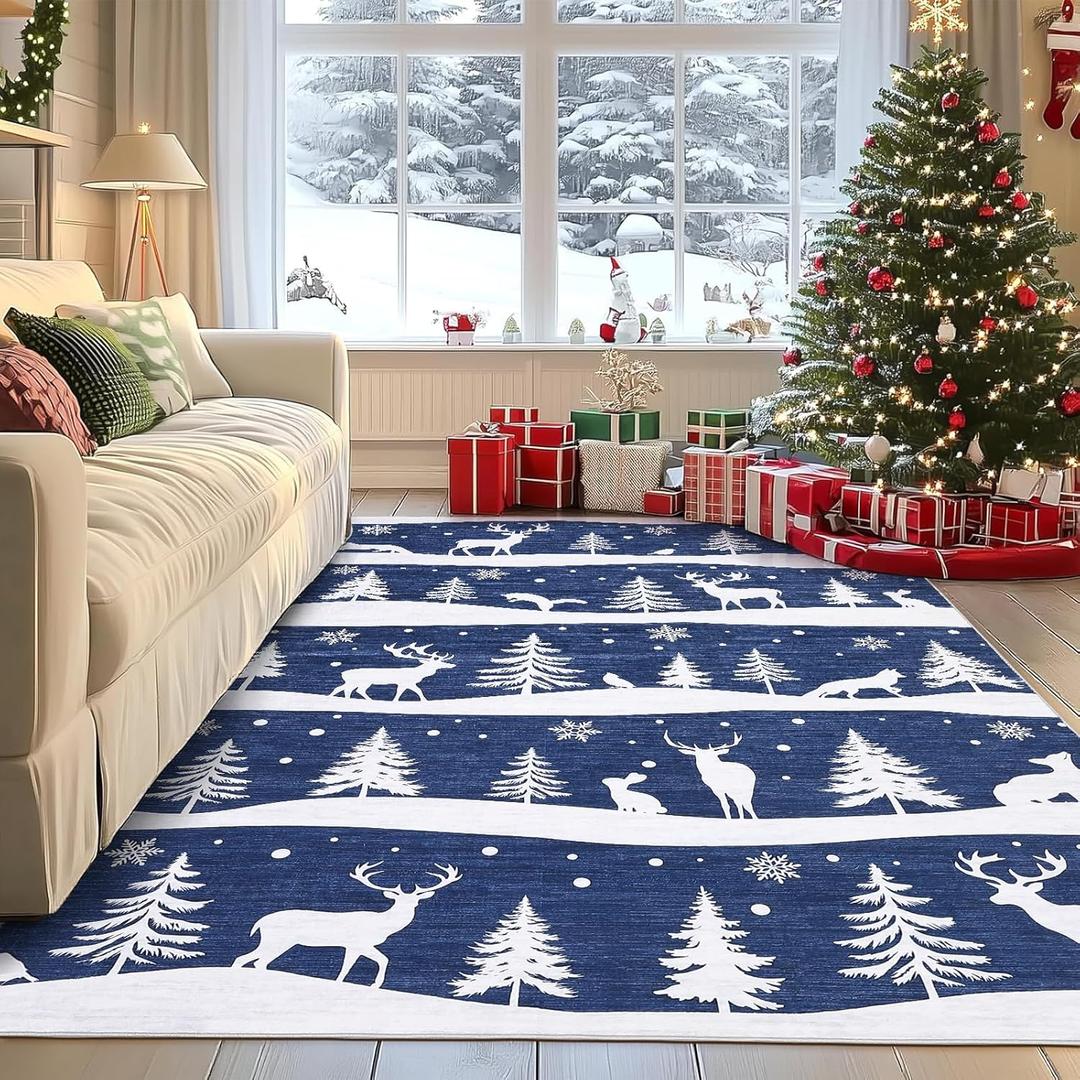 GarveeHome Blue 5x7 Area Rugs for Living Room, Washable Rug for Home Decor, Indoor Non Slip Carpet, Soft Low Pile Christmas Rug with Xmas Tree Reindeer Snowflake for Bedroom, Dining Room