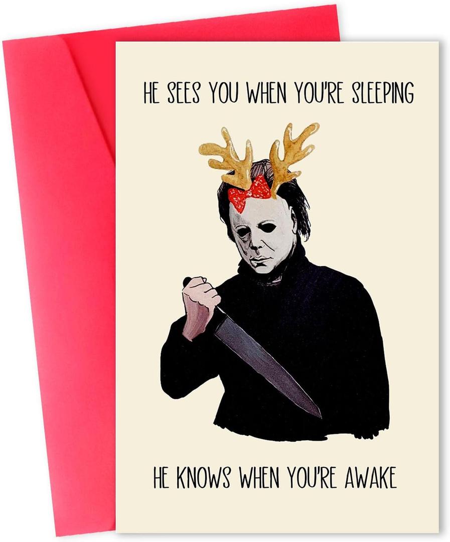 6 x Creepy Michael Myers Christmas Cards Gifts for Women Men, Christmas Gift for Him Her, Horror Movies Killer Xmas Card, Christmas Holiday Card, Holiday Gifts Idea, Funny Christmas Gifts for Friend Family (BX045)
