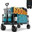 FUNDANGO 600lbs Collapsible Wagon, Foldable Beach Wagons Heavy Duty Garden Cart with Brakes, Side Pockets & All-Terrain Big Wheels for Sports Camping Shopping Groceries, Black/Blue