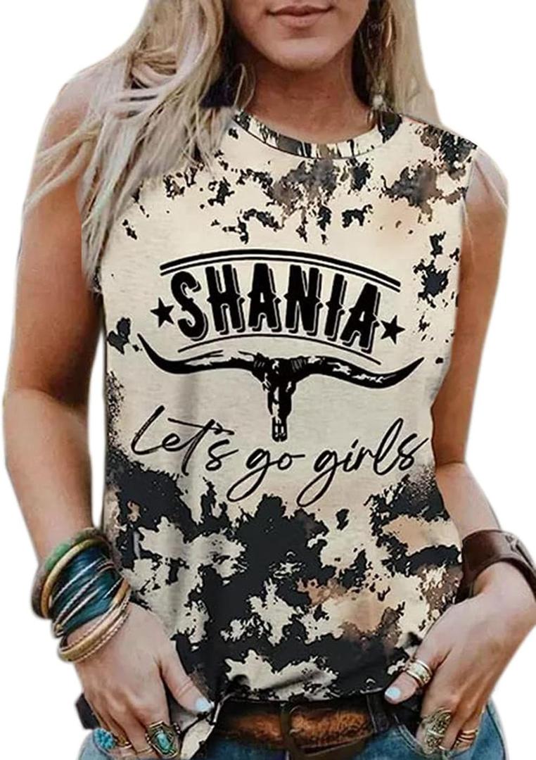 VKEGNIO Vintage Western Cow Hide Bleached Tank Tops Women Country Concert Tops Cute Cattle Skull Graphic Rodeo Cowboy Loose Vest (Medium, As shown) (M)