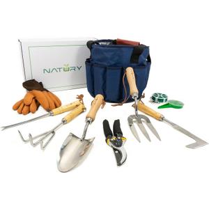 Natury Garden Tools Set Premium Stainless Steel Gardening Hand Tools with Solid Beechwood Handle Gardening Kit with Rake, Shovel, Gloves, Shears, Tool Organizer Garden Gifts for Women and Men