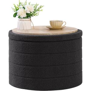 B FSOBEIIALEO Ottoman with Stroage, Round Sherpa Storage Ottoman Stool, Boucle Foot Rest22 x 22"x15.75" (Dark Grey)