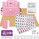 Chinese Mahjong Game Set, 144 Numbered Melamine 1.42" Size Tiles(Pink) and 8 Blank Tiles, with Pink Carrying Travel Bag, English Instruction, Pro Complete Mahjong Game Set