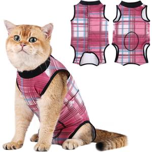 Cat Surgery Recovery Suit Cats Surgical Onesie After Surgery Post Spay Neuter Bodysuit Anti-Licking Wounds Pink Plaid/M (M(Back Length:11.4"/29cm; Chest:14.7"/37cm)