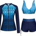 JASAMBAC Women 3 Piece Rash Guard Long Sleeve Zip Up Swimsuits with Boyshort UV UPF 50+ Swim Shirt Built in Bra