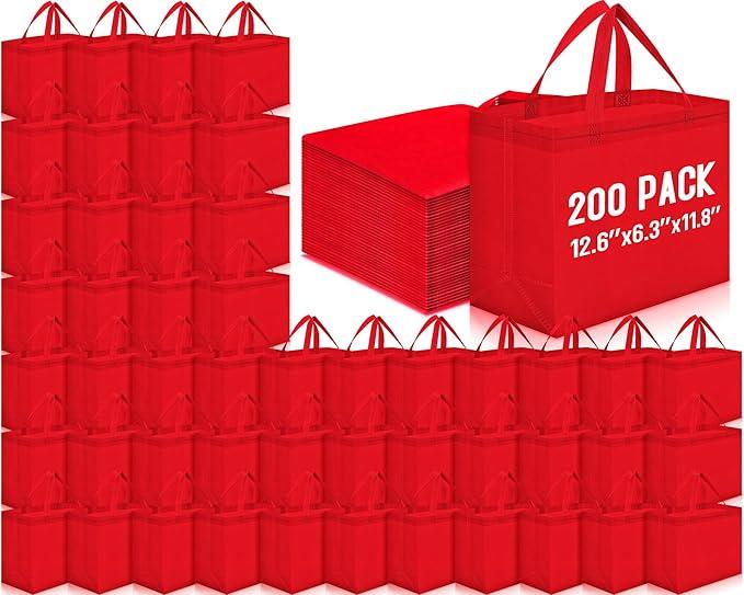 Windyun Reusable Grocery Bags Large Non Woven Shopping Bags with Handles Foldable Portable Tote Bulk, 12.6 x 11.8 x 6.3 Inch (Red)