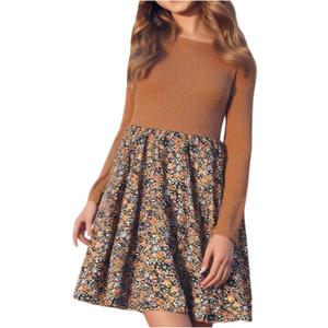 Girl's Floral Ribbed Knit A Line Dresses Long Sleeve Crew Neck Cute Short Dress Cowgirls Fall Outfits, Size: 10 Years