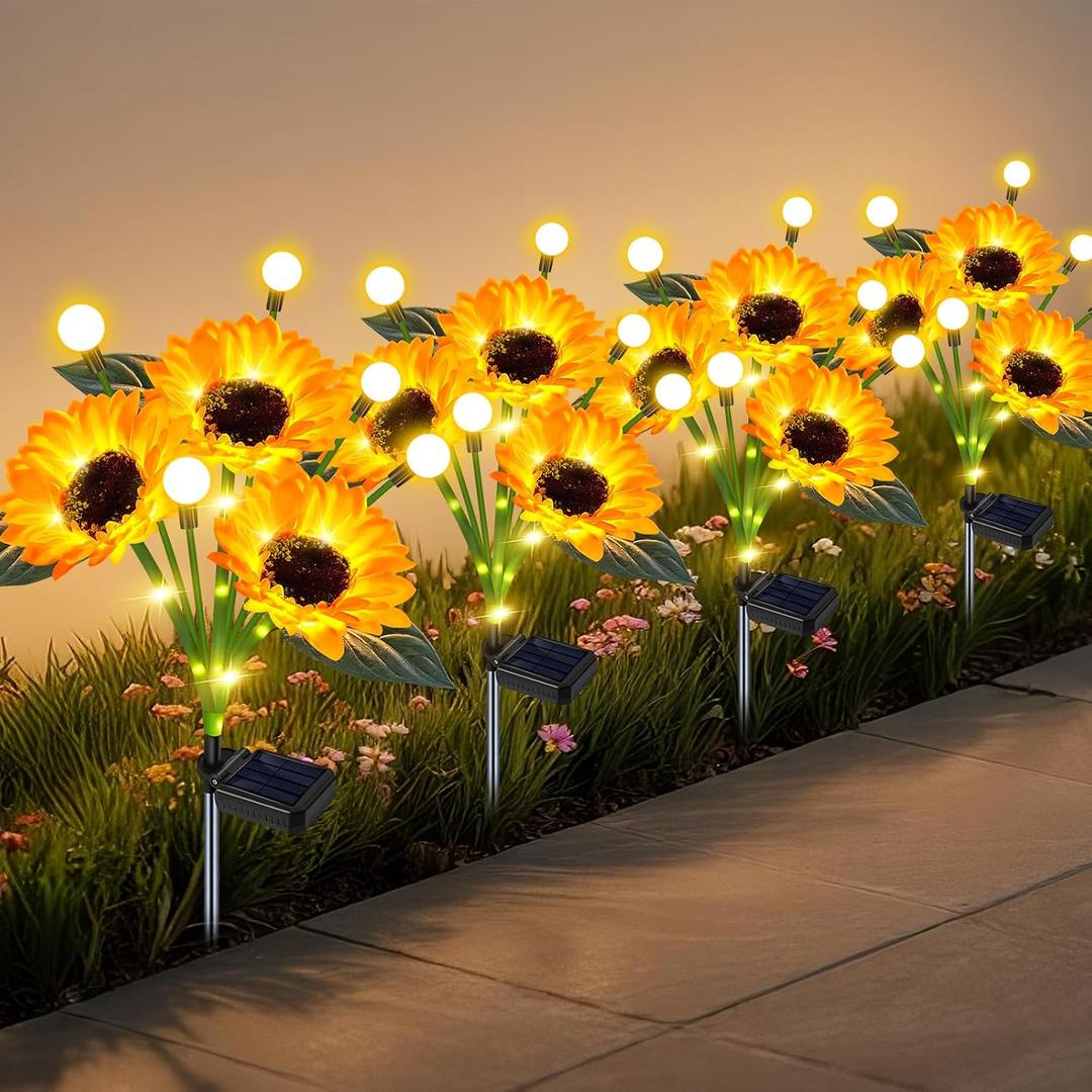 Solar Lights Outdoor Garden Decor,4 Pack Sunflower with Firefly Lights,Solar Flowers Lights Waterproof,Birthday Gifts for Mom Women Grandma,Outside Decorative Garden Stakes for Yard Patio Porch Lawn