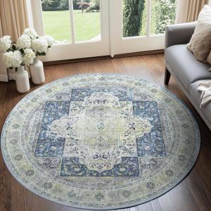 BESTSWEETIE 6ft Area Rugs Machine Washable No Pile Non Slip Vintage Rugs for Living Room&Bedroom&Dinning Room Bohemian Distressed Carpet Indoor,Blue