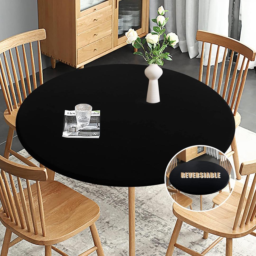 Obstal Fitted Round Table Cloth, Reversible Waterproof Stain Resistant Elastic Stretch Tablecloth, Wipe Clean Table Cover for Outdoor/ Indoor Use, Fits Round Tables up to 48"-56" Diameter, Black
