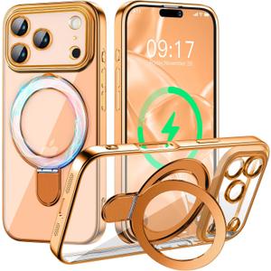 Magnetic for iPhone 17 Pro Max Case with Invisible Stand[Compatible with MagSafe][Full Camera Lens Protector][Military Drop Protection] Shockproof Not Yellowing Clear Slim Soft for Women Men (Orange)