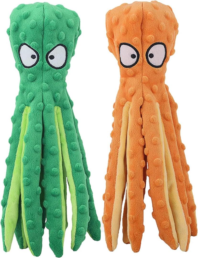 HGB Squeaky Dog Toys - Octopus No Stuffing Crinkle Plush Large Dog Toys to Keep Them Busy for Puppy Teething Chewing, Pet Supplies for Small, Medium, and Large Breeds, 2 Pack (Octopus Yellow & Green)