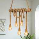5-Light Farmhouse Chandelier Dining Room Light Fixture, Natural Bamboo & Hemp Rope Pendant Lights Kitchen Island, Boho Rustic Hanging Pendant Lighting for Bar Cafe Bedroom Living Room Decor