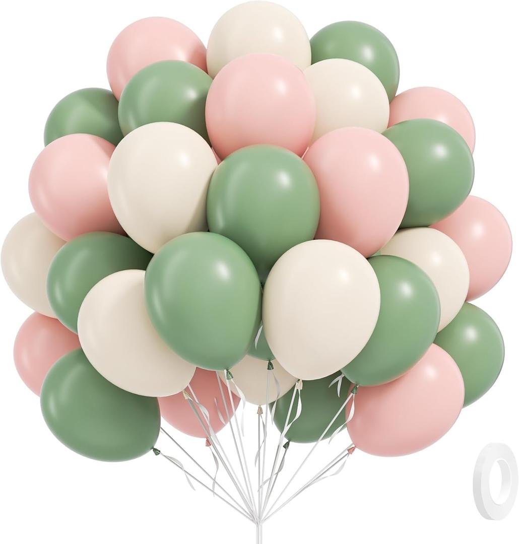 Pink and Green Balloons, 60pcs 12inch Sage Green Light Pink Sand White Balloons for Birthday Bridal Shower Boho Baby in Bloom Baby Shower Decorations