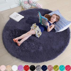 Purple Gray Round Rugs 5Ft for Bedroom Decor Aesthetic, Fluffy Fuzzy Circle Area Rug for Teen Boys, Baby Kids Playroom, Shaggy Fur Carpet for Living Room, Home Office, Nursery, Preppy Dorm, Classroom