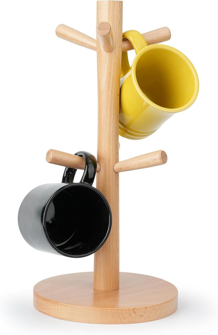 Beech Wood Coffee Mug Holder, 6 Hooks Mug Tree Stand for Large Mugs, Countertop Organizer for Coffee Bar Dcor & Accessories (MH-BW)